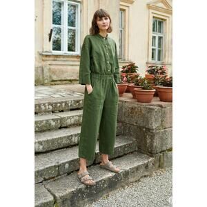 Linenfox Jumpsuit XS Work Linen Collared Green Wide Leg Utility Minimalist